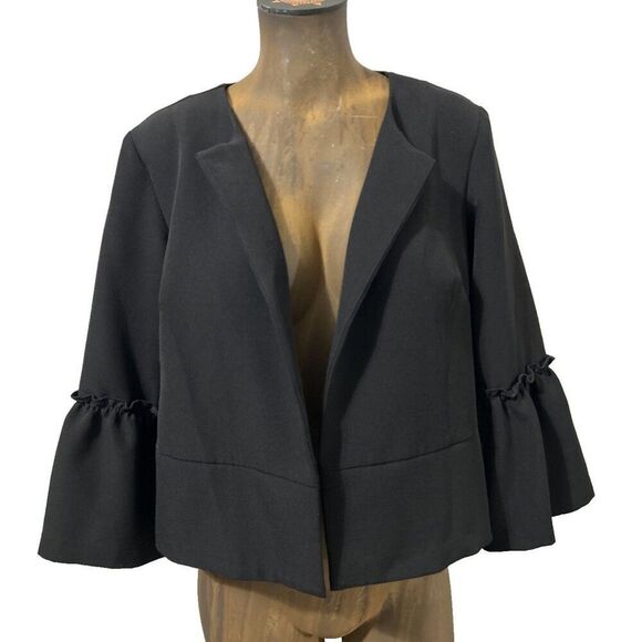 Soho Apparel Cropped Blazer with Ruffle Flounce Bell Sleeves Medium Black - Picture 2 of 6